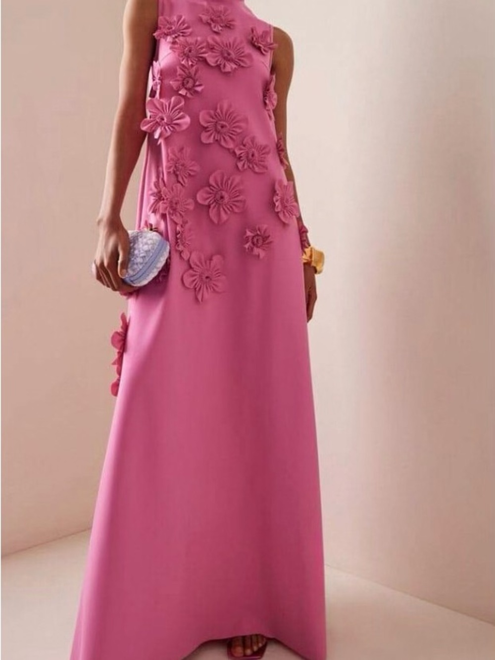 Elegant Pink Floral Appliqué Maxi Dress